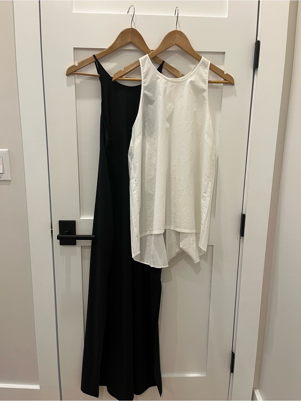 Athleta White Sleeveless High-Low Top and Black Maxi Slip Dress